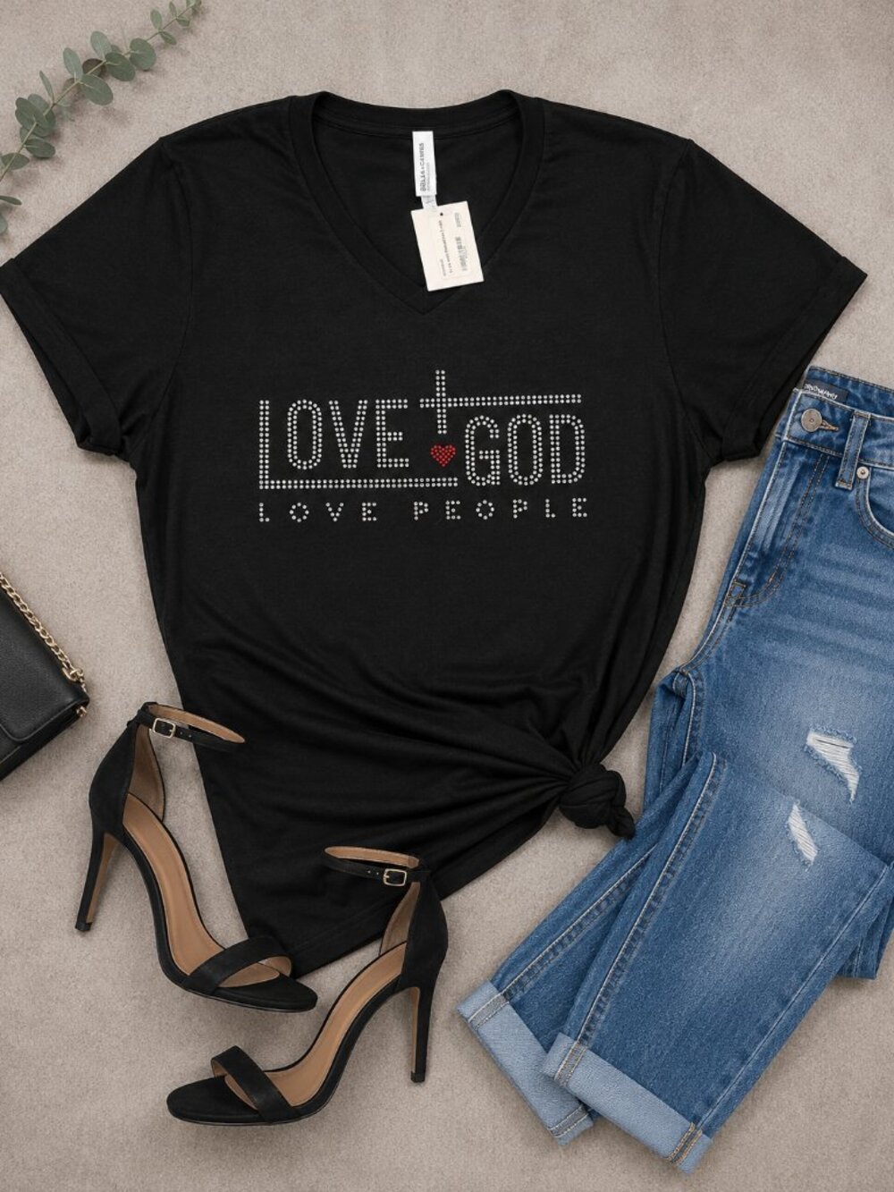 Love God Love People Rhinestone Tee – Bella Canvas V-Neck – Unisex Small